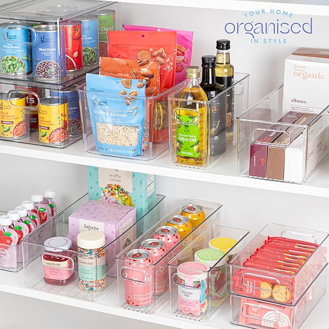 primebox Plastic Food Storage Clear Container Bin with Handles for Organizing Kitchen, Pantry, Refrigerator, Freezer, Pantry, Cabinet, Closet, Bathroom. 14”x8”x5”