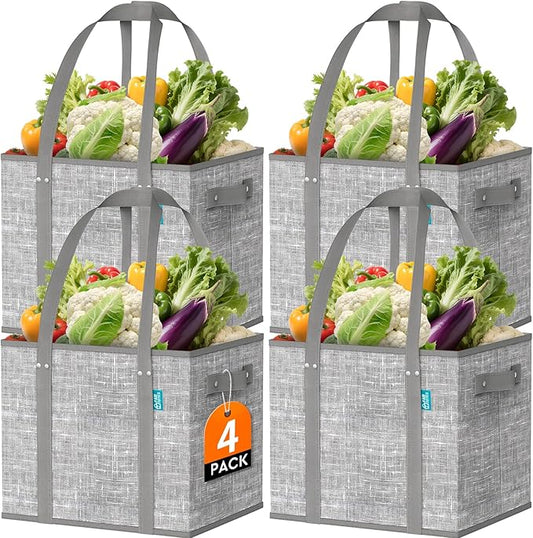 Fab totes Reusable Grocery Bags, Large Foldable Shopping Tote Bags with Reinforced Handles & Hard Bottom,4 Pack, Grey