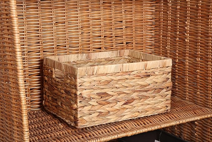 Rectangular Woven Water Hyacinth Storage Baskets with inside Handle for Shelves Bathroom Kitchen Office Desk (Style A)