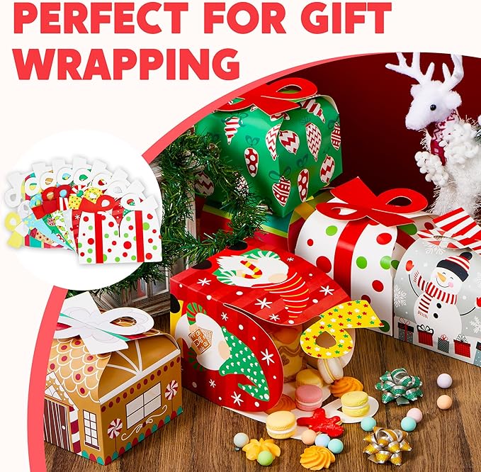 JOYIN 24 PCS 3D Christmas Goody Gift Boxes with Bow for Holiday Xmas Goodie Paper Boxes, School Classroom Party Favor Supply, 6” x 6” x 5.5” 8 Designs Candy Treat Cardboard Cookie Box for Gift Giving