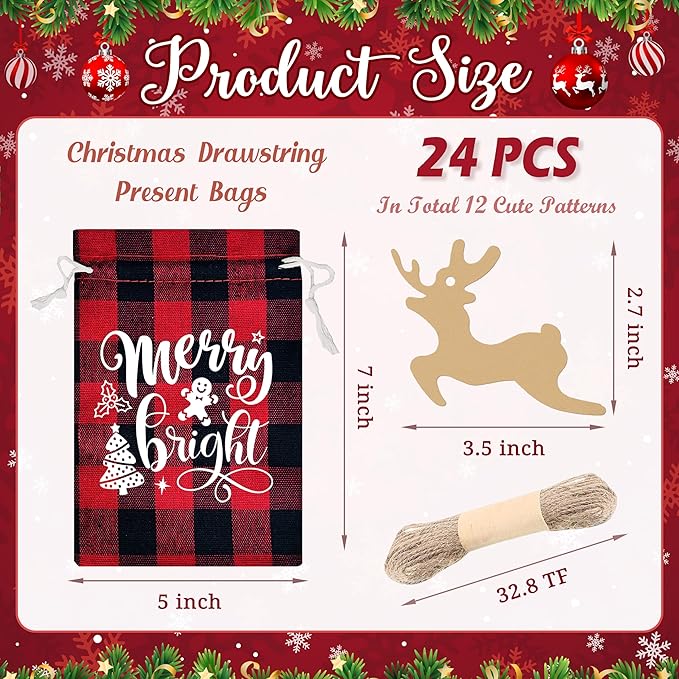 BORAMDO Christmas Burlap Gift Bags with Drawstrings 24Pcs, Buffalo Plaid Watercolor 12 Designs Christmas Letter Linen Wrapping Bags, Small Christmas Treat Candy Bags for Holiday Party Favor Supplies (Xmas Letter)