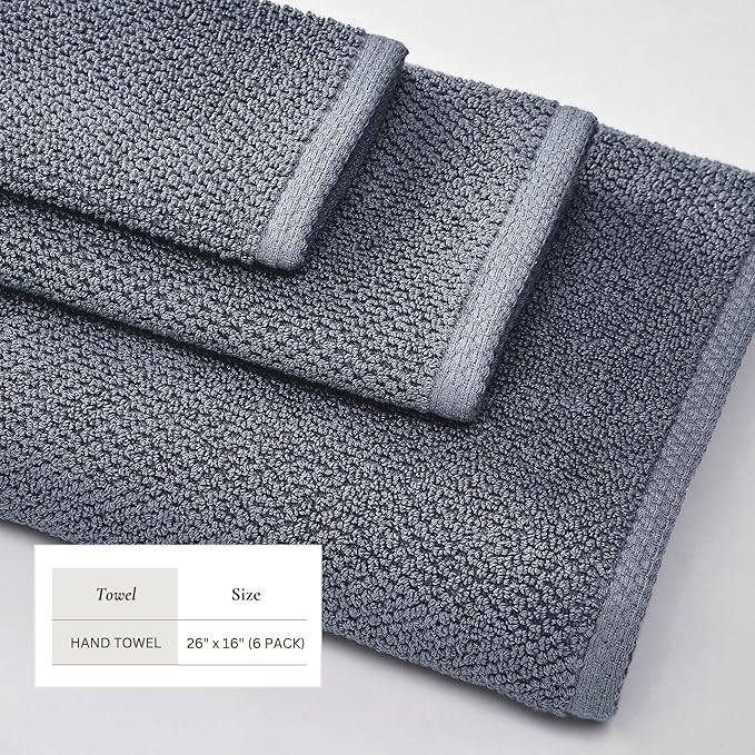 Great Bay Home Blue Hand Towel Set – 100% Cotton 6-Pack 26"x16", Absorbent & Quick-Drying, Soft & Durable