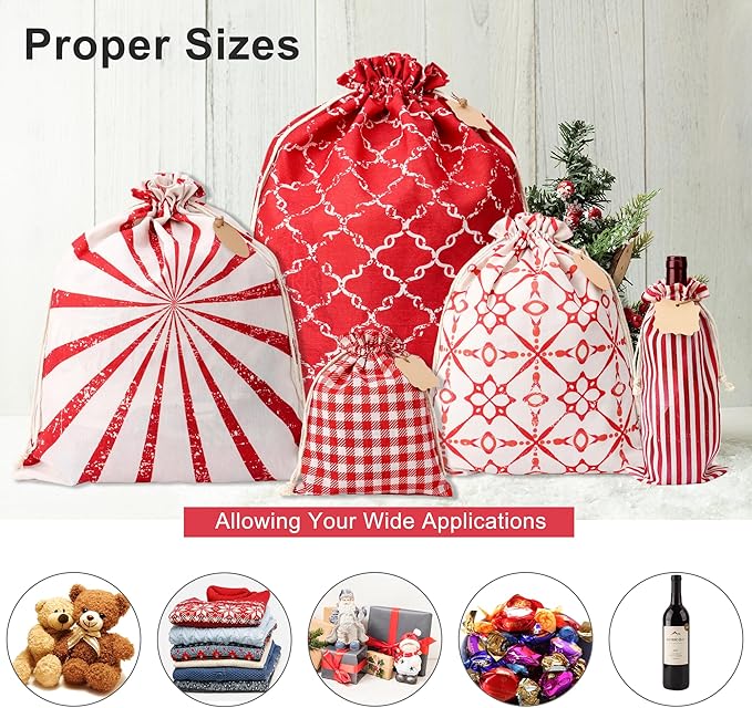 POPGIFTU 12 Pack Christmas Fabric Gift Bags with Drawstring — Reusable Red Canvas Holiday Gift Bags in Assorted Sizes with Gift Tags for Xmas Present Wrapping & Party Favors