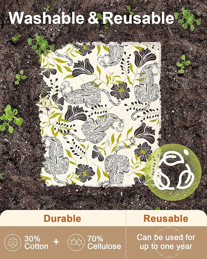 Kitchen Swedish Dishcloths with Hooks - 6 Pack Reusable Dish Cloths for Washing Dishes Fast Drying Cute Fun Swedish Dish Towels Washable Cleaning Sponge, Snake Tiger Leopard