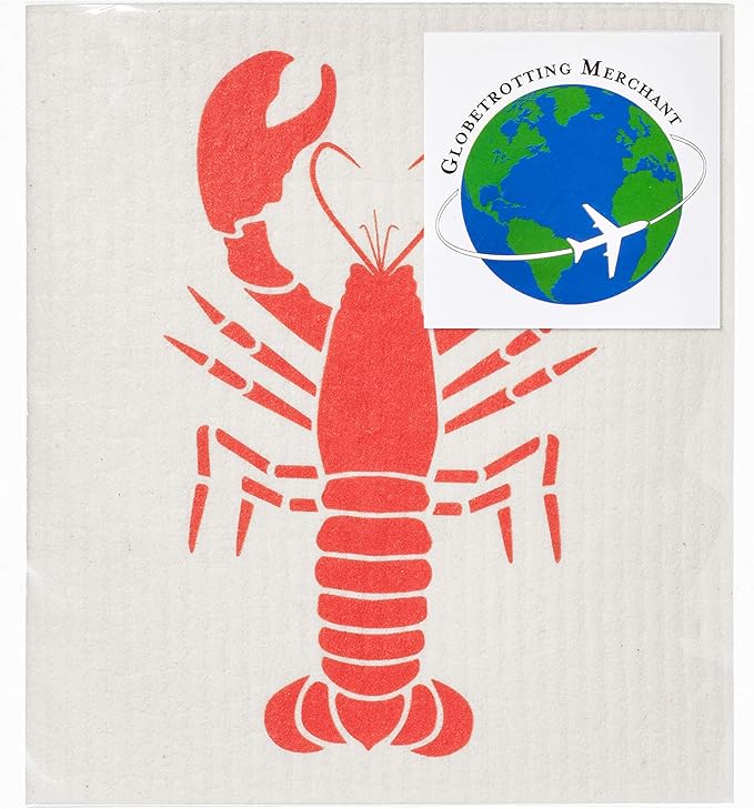 Swedish Dishcloths 2 Pack Red Lobster Print Reusable Sponges Kitchen Cleaning Cloth Dish Scrubber, Machine Washable, Measures 7.87”x6.88 inches.