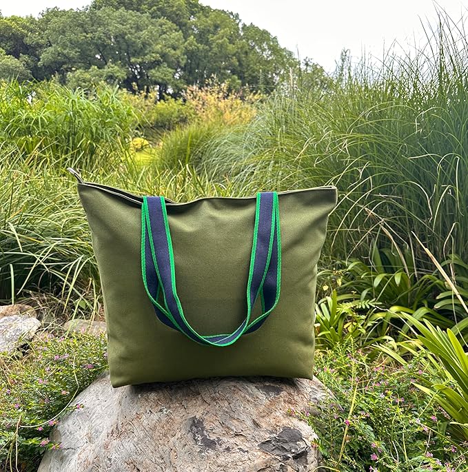 16OZ Cotton Canvas Zipper Closure Lined Grocery Shopping Beach Casual Multi Purpose Tote X-Large