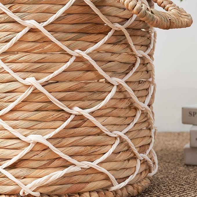 Round Water Hyacinth Woven Basket with Handles - 18" x 18" x 12.2" - Natural Brown - for Clothes, Towels, Canvas, Toys and Magazine Storage and Home Decoration