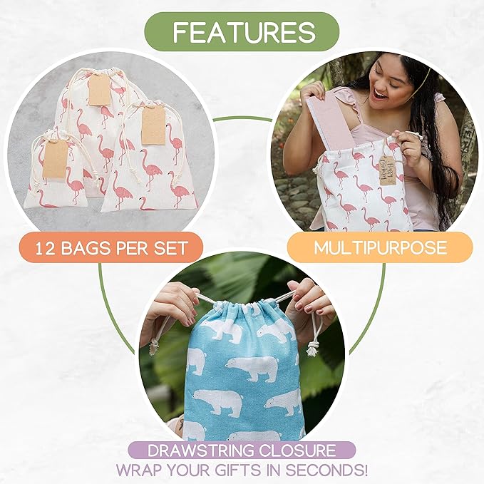 12 pcs Reusable gift bags. Bonus: 15 Gift tags & String. Multipurpose Gift wrap bags. Fabric gift bags. Gift bags assorted sizes for Holiday gifts, birthdays, parties. 8th Ed.