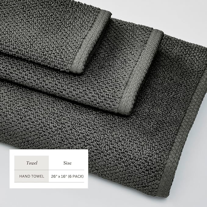 Great Bay Home Dark Grey Hand Towels - 100% Cotton 6 Pack 26x16 Hand Towel Set - Absorbent, Quick-Drying, Durable Towels for Handroom Decor - Low-Twist, Two-Ply Fibers (Midnight)
