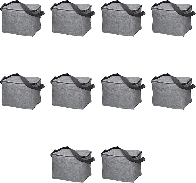Insulated Cooler Lunch Bag Set of 10, Bulk Pack - Perfect for Work, Travel, Outdoor Events - Grey