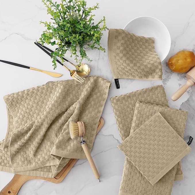 Fintale 100% Cotton Kitchen Towels and Dishcloths Set, 12 x 12 & 15 x 25 Inches, Set of 8 Bulk Super Soft and Absorbent Terry Cloth Dish Towels, Quick Drying Hand Towels with Hanging Loop, Tan