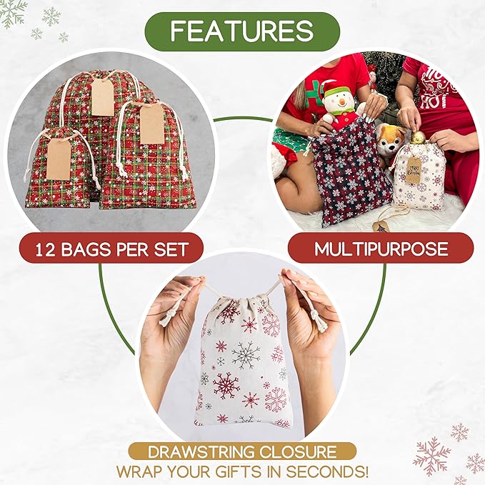 12 Pack Reusable Christmas gift bags with 15 gift tags. Gift sacks. Fabric drawstring holiday gift bags in assorted sizes. Xmas bags for presents, parties & stocking stuffers. (CE3)