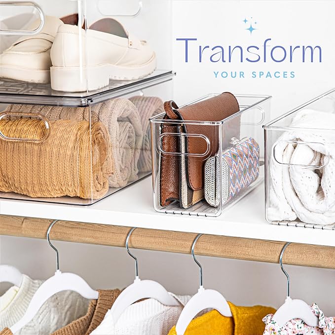 primebox 6 pack Clear Plastic Storage Container Bin with Integrated Easy Grip Handles. For Kitchen, Fridge, Freezer, Cabinet, Pantry, Bathroom Organization. 10"x4"x5"