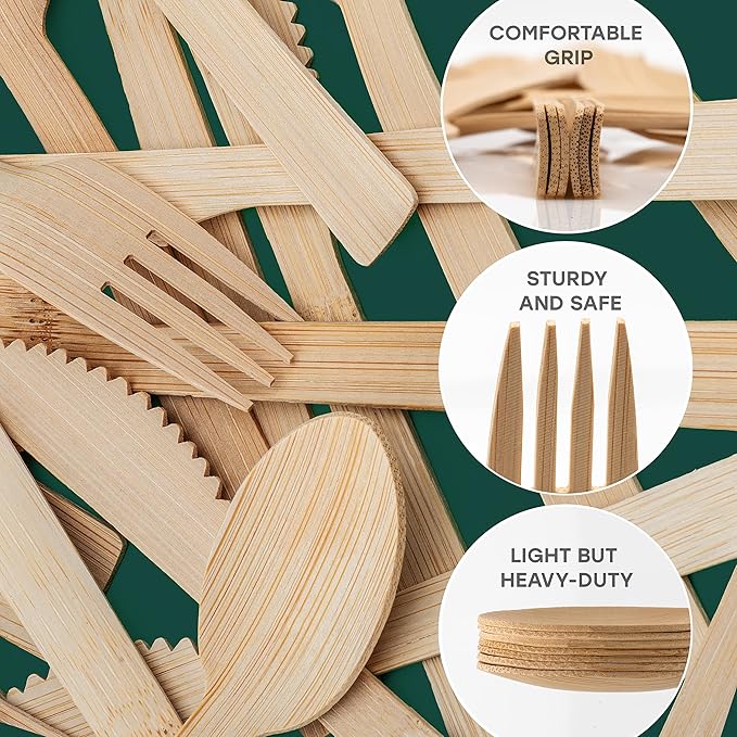 100% Bamboo Utensils - 400 Carbonized Forks Disposable Cutlery Biodegradable and Sanitized - Heavy Duty & Fully Functional