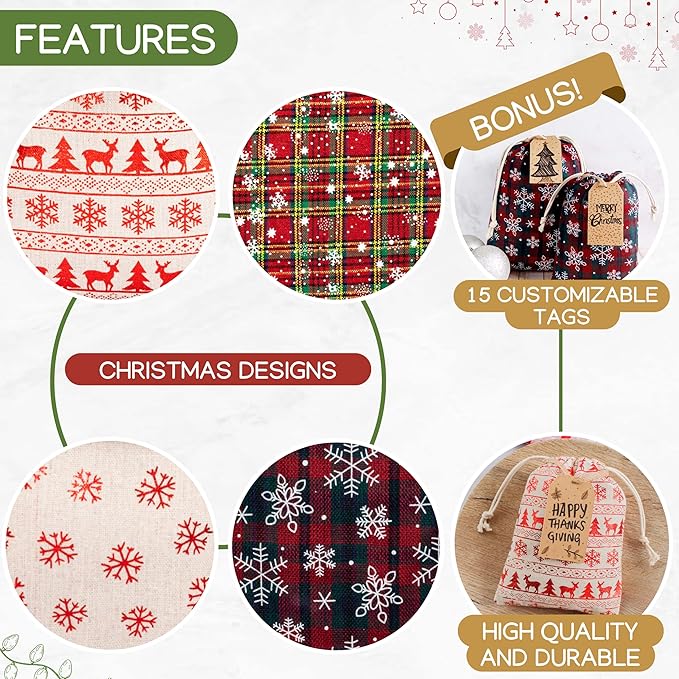 12 Pack Reusable Christmas gift bags with 15 gift tags. Gift sacks. Fabric drawstring holiday gift bags in assorted sizes. Xmas bags for presents, parties & stocking stuffers. (CE4)