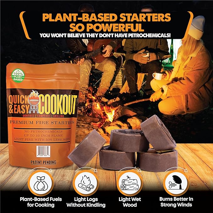 Get a Fully Lit Fire in As Little As 6 Minutes with No Kindling! Lights Wet/Frozen Wood | Plant-Based Fuels Only, Ideal for Cooking. One Starter Per Fire. (12, The Bonfire)