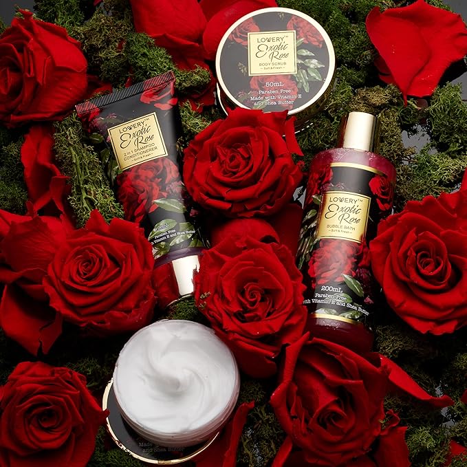 Christmas Gifts from Daughter and Son, Spa Bath and Body Gift Set, Exotic Rose Gift Basket for Women & Men, Thank You, Birthday, Mom, Personalized Gifts with Body Scrub, Bubble Bath, Lotion & More