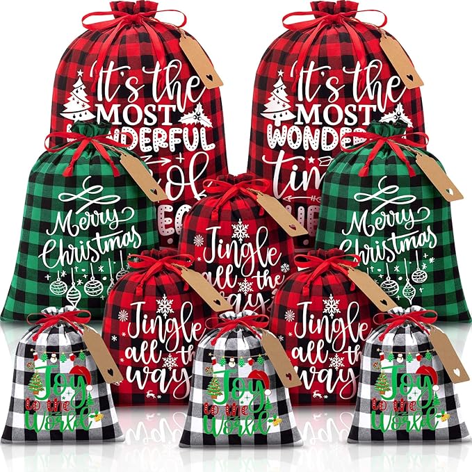 10 PCS Christmas Drawstring Gift Bags with Tags, Buffalo Plaid Xmas Gift Bags Assorted Sizes Bulk, Cotton Fabric Holiday Gift Bag Large Medium Small Wrapping Bag for Xmas Presents Decor Party Favors