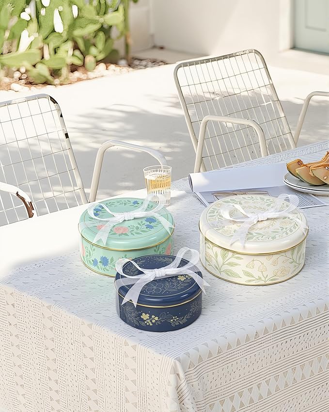 Floral Cookie Tins with Lids – Set of 3 Round Metal Storage Containers, Elegant Reusable Gift Boxes for Cookies, Treats & Keepsakes – Decorative Nesting Tin Set for Home & Kitchen