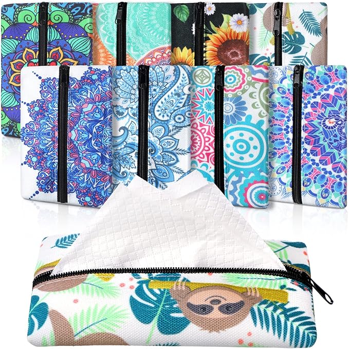 Fabbay 8 Pieces Purse Tissue Holder Reusable Travel Tissue Pouch Fabric Zipper Purse for Bag Car Office Home(Floral)