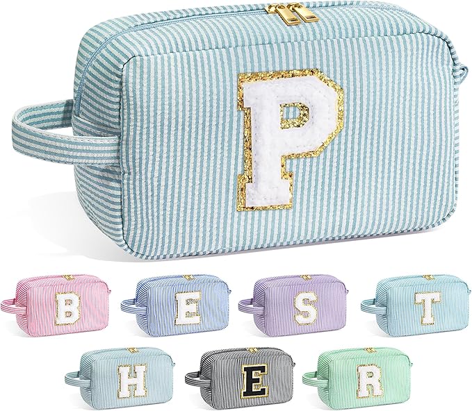 YOOLIFE Initial Makeup Bag - Personalized Monogram Cute Makeup Bags, Girls Toiletry Bag Pouch, Make Up Case for Women Her Best Friend Friendship Sister Teacher, Birthday Gifts for Women P