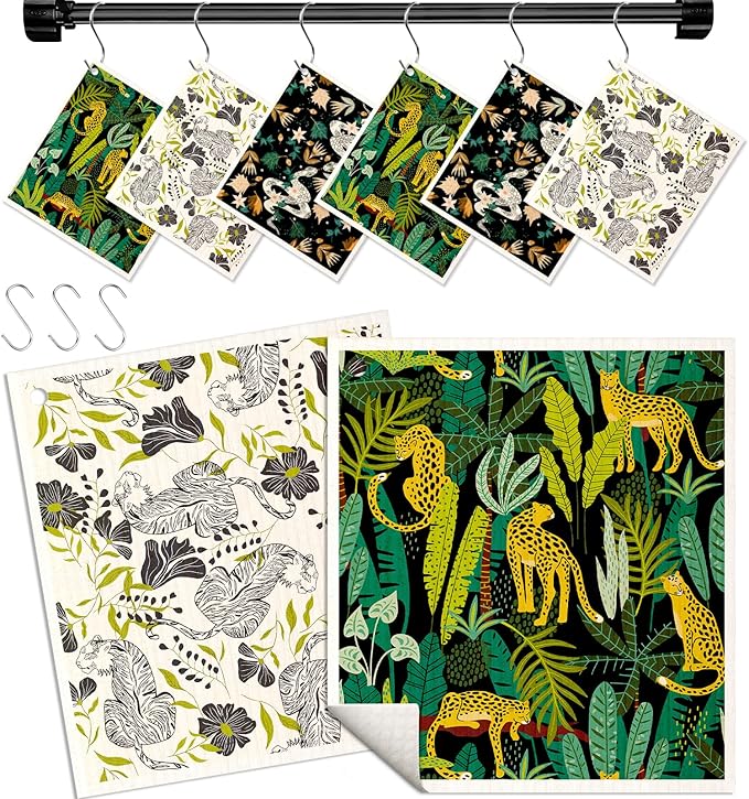 Kitchen Swedish Dishcloths with Hooks - 6 Pack Reusable Dish Cloths for Washing Dishes Fast Drying Cute Fun Swedish Dish Towels Washable Cleaning Sponge, Snake Tiger Leopard