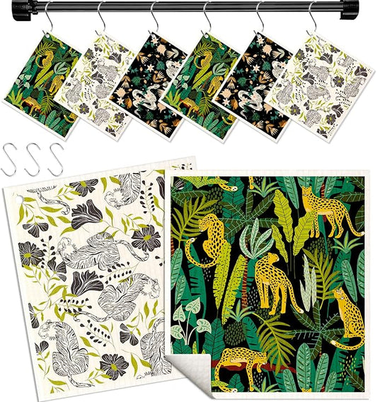 Kitchen Swedish Dishcloths with Hooks - 6 Pack Reusable Dish Cloths for Washing Dishes Fast Drying Cute Fun Swedish Dish Towels Washable Cleaning Sponge, Snake Tiger Leopard