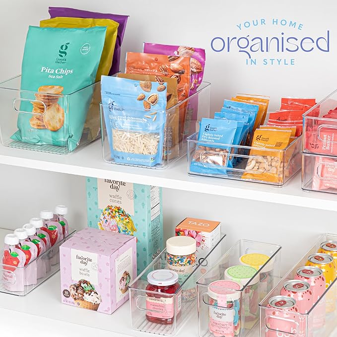 primebox Plastic Food Storage 6 Pack Clear Container Bin with Handles for Organizing Kitchen, Pantry, Refrigerator, Freezer, Pantry, Cabinet, Closet, Bathroom. 14”x4”x4”
