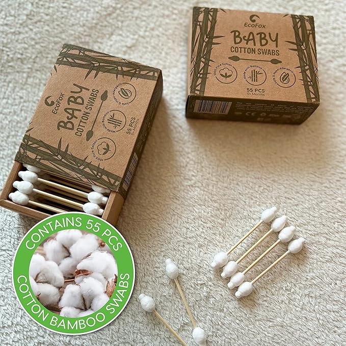 Baby Cotton Swabs 220 Count | Compostable & Pure Cotton Wooden Cotton Buds | Double-Tipped Safety Sticks | Plant-Sourced Materials