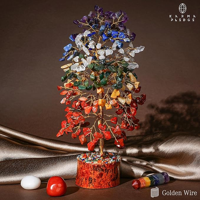 KARMAPLEDGE 7 Chakra Healing Crystal Tree of Life with Manifestation Card, Handmade Golden Wire Crystal Tree for Good Luck, Positive Energy, Wealth, Reiki Healing, and Decor, Gift for Women and Mom