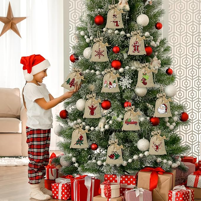 BORAMDO Christmas Burlap Gift Wrapping Bags with Drawstrings 24Pcs, Christmas Buffalo Plaid Linen Treat Candy Bags for Holiday Party Favor Supplies