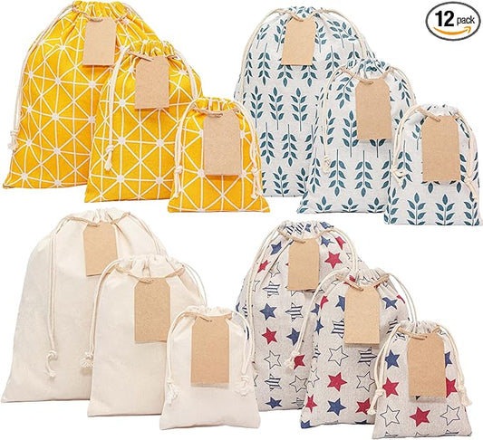 12 pcs Reusable gift bags. Bonus: 15 Gift tags & String. Multipurpose Gift wrap bags. Fabric gift bags. Gift bags assorted sizes for Holiday gifts, birthdays, parties. 1st Ed.