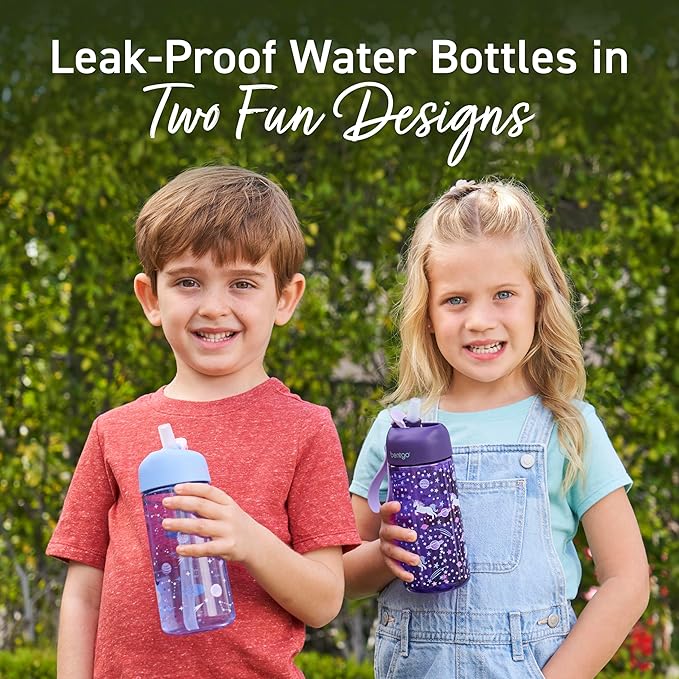 Bentgo Kids Water Bottle 2-Pack - Leak-Proof, Durable Tritan, BPA-Free 15 oz. Cup for Kids/Toddlers Ages 3+, Safe Sip Spout, & Dishwasher Safe for School/Sports/Daycare/Camp (Unicorn/Lavender Galaxy)
