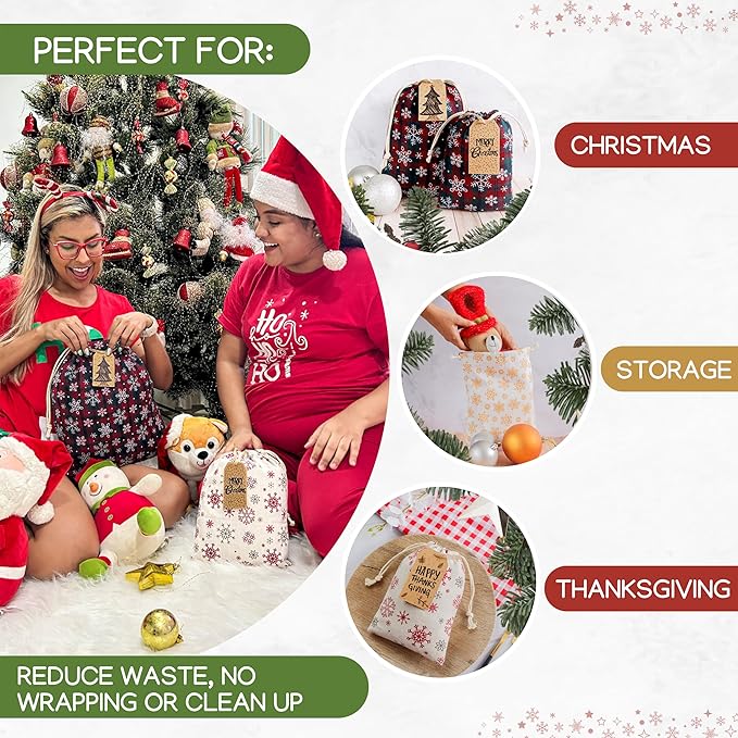 12 Pack Reusable Christmas gift bags with 15 gift tags. Gift sacks. Fabric drawstring holiday gift bags in assorted sizes. Xmas bags for presents, parties & stocking stuffers. (CE3)