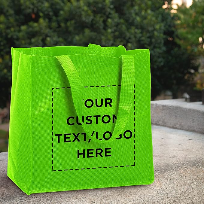 DISCOUNT PROMOS Custom Reusable Cloth Grocery Shopping Tote Bags Set of 10/50/100, Personalized Bulk Pack - Foldable, Washable, Shopper Bag - Lime Green