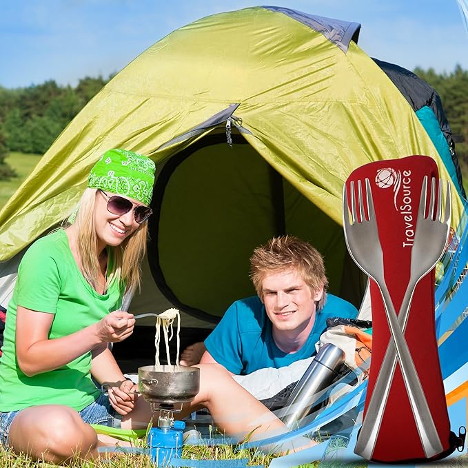 Travel Utensils With Case - Metal Camping Silverware Cutlery Set - Reusable & Portable Fork Knife Spoon Flatware For Lunch Box, Backpacking (2 Cases)
