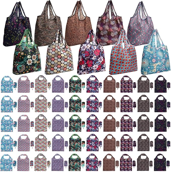 Tanlade 50 Pcs Reusable Grocery Bags Large Foldable Polyester Tote Bag Heavy Duty Washable Shopping Bags with Pouch Attached