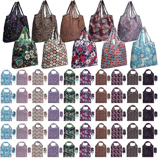 Tanlade 50 Pcs Reusable Grocery Bags Large Foldable Polyester Tote Bag Heavy Duty Washable Shopping Bags with Pouch Attached
