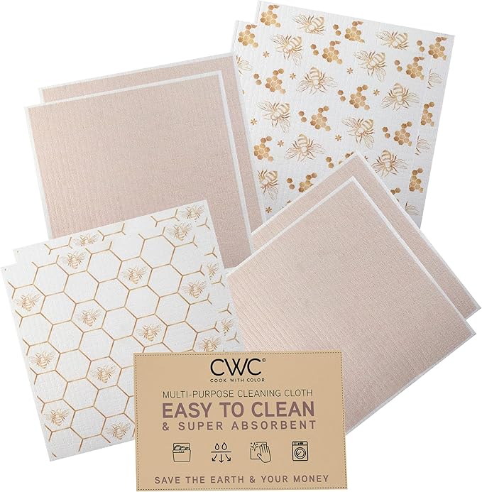 COOK WITH COLOR Eco-Friendly Reusable Swedish Dishcloths for Kitchen - Pack of 8 Reusable Paper Towels, Biodegradable Cellulose Sponge Cloths- Assorted Designs and Colors, Neutral Bees