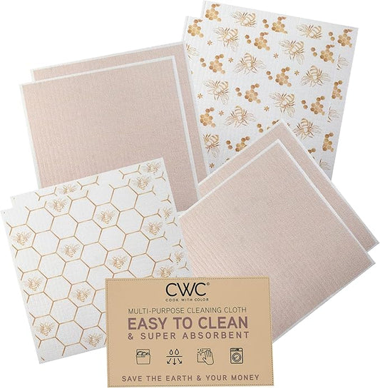 COOK WITH COLOR Eco-Friendly Reusable Swedish Dishcloths for Kitchen - Pack of 8 Reusable Paper Towels, Biodegradable Cellulose Sponge Cloths- Assorted Designs and Colors, Neutral Bees
