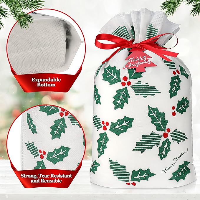 Fabric Gift Bags for Christmas Presents - Set of 6 Christmas Bags with Drawstring, Large Gift Bags for Presents, Xmas Gift Wrap, Reusable Drawstring Bags for Gifts (Holly Large)
