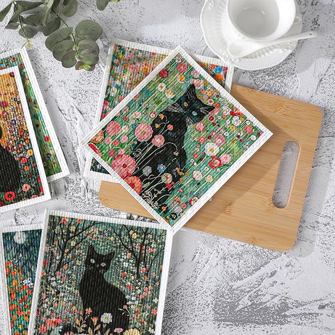 Black Cat Swedish Dishcloths for Kitchen, 6 Pack Reusable Dish Cloths for Washing Dishes, Absorbent Swedish Dish Towels for Home Kitchen Cleaning Fast Drying Washable Dishes Cloths