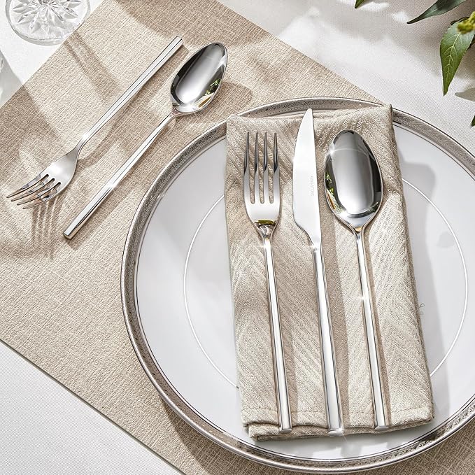 KINGSTONE 60-Piece Silverware Set, 18/10 Stainless Steel Flatware Cutlery Set with Hexagon Handle, for Hotel, Home, Party, Wedding Gift, Mirror Polish and Dishwasher Safe