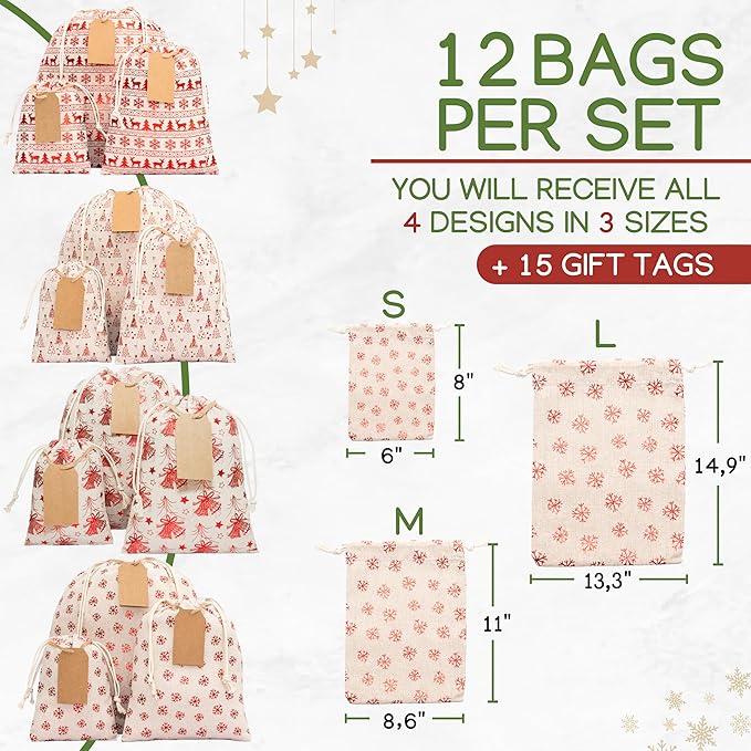 12 Pack Reusable Christmas gift bags with 15 gift tags. Gift sacks. Fabric drawstring holiday gift bags in assorted sizes. Xmas bags for presents, parties & stocking stuffers. (CE)