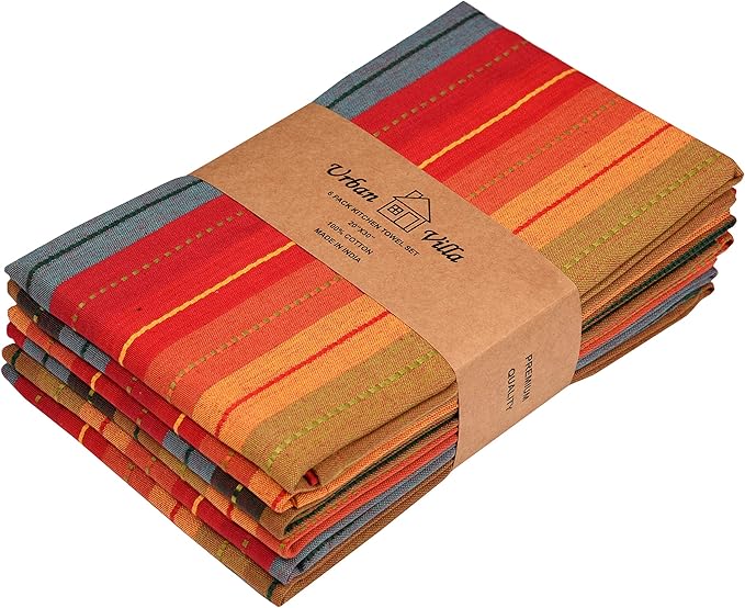 Urban Villa Kitchen Towels 100% Cotton Dish Towels for Kitchen (Set of 6) 20"x30" Highly Absorbent Kitchen Linen Set with Hanging Loop Dish Cloths Perfect for Drying Dishes Cleaning Towels - Red Multi