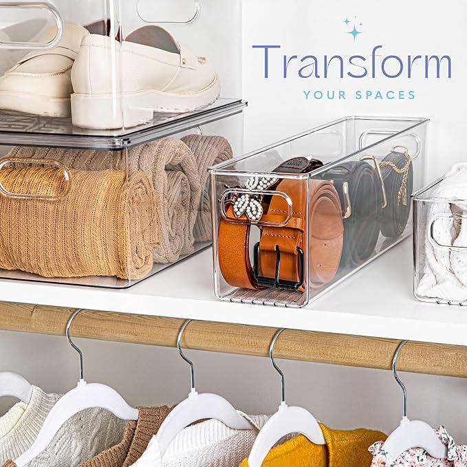 primebox Plastic Food Storage 2 Pack Clear Container Bin with Handles for Organizing Kitchen, Pantry, Refrigerator, Freezer, Pantry, Cabinet, Closet, Bathroom. 14”x4”x5”