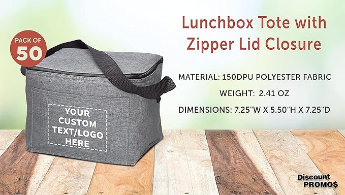 Custom Insulated Cooler Lunch Bag Set of 50, Personalized Bulk Pack - Perfect for Work, Travel, Outdoor Events - Grey