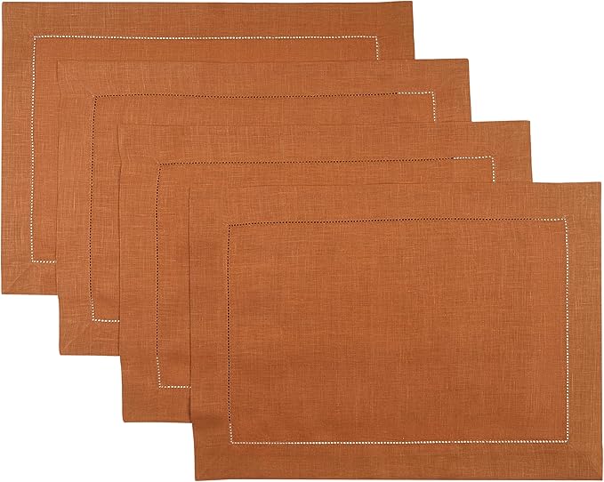 D'Moksha Homes Rust Linen Placemats Set of 4 - Classic Hemstitch Placemats 14 x 19 Inch - 100% Pure Linen Table Mats for Winter, Christmas, Holiday - Handcrafted and Machine Washable