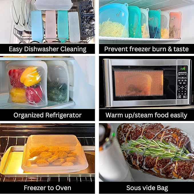 Elkanah Stand Up Food Grade Silicone Reusable Storage Bag Quart 42fl oz Freezer Bags Silicone for Food Storage bags oven Leakproof|Microwave|Oven|Sous Vide|Dishwasher safe set of 4