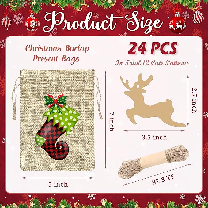 BORAMDO Christmas Burlap Gift Wrapping Bags with Drawstrings 24Pcs, Christmas Buffalo Plaid Linen Treat Candy Bags for Holiday Party Favor Supplies